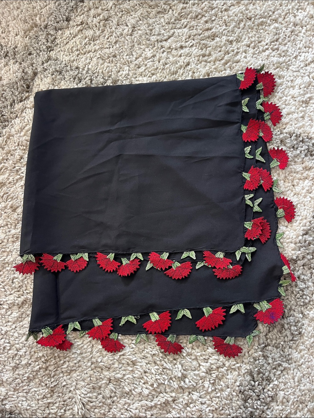 Black Scarf with Red Floral Crochet Trim